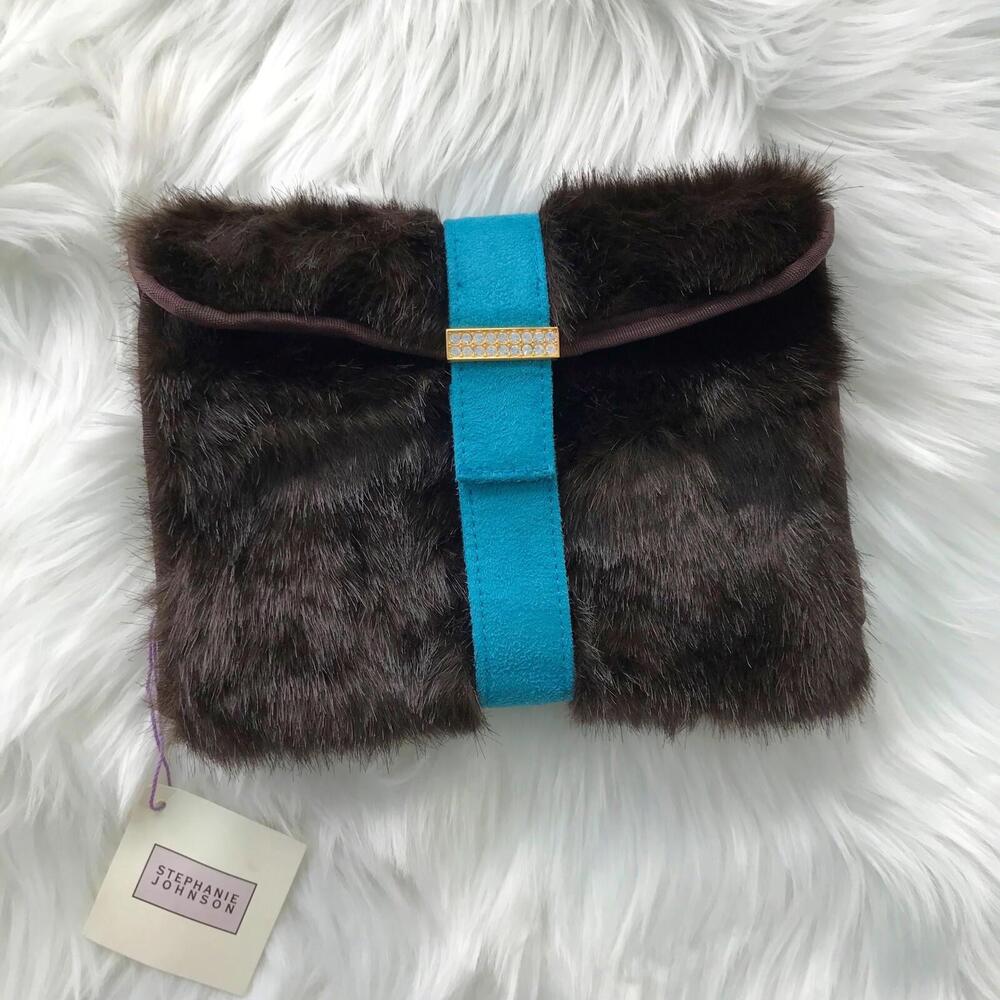 NWT Stephanie Johnson - Brown faux fur cosmetic pouch, teal rhinestone closure